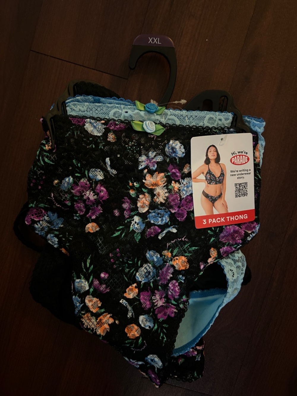 Parade 3-Pack Floral Lace Thongs in Black with Multicolor Flowers 2XL